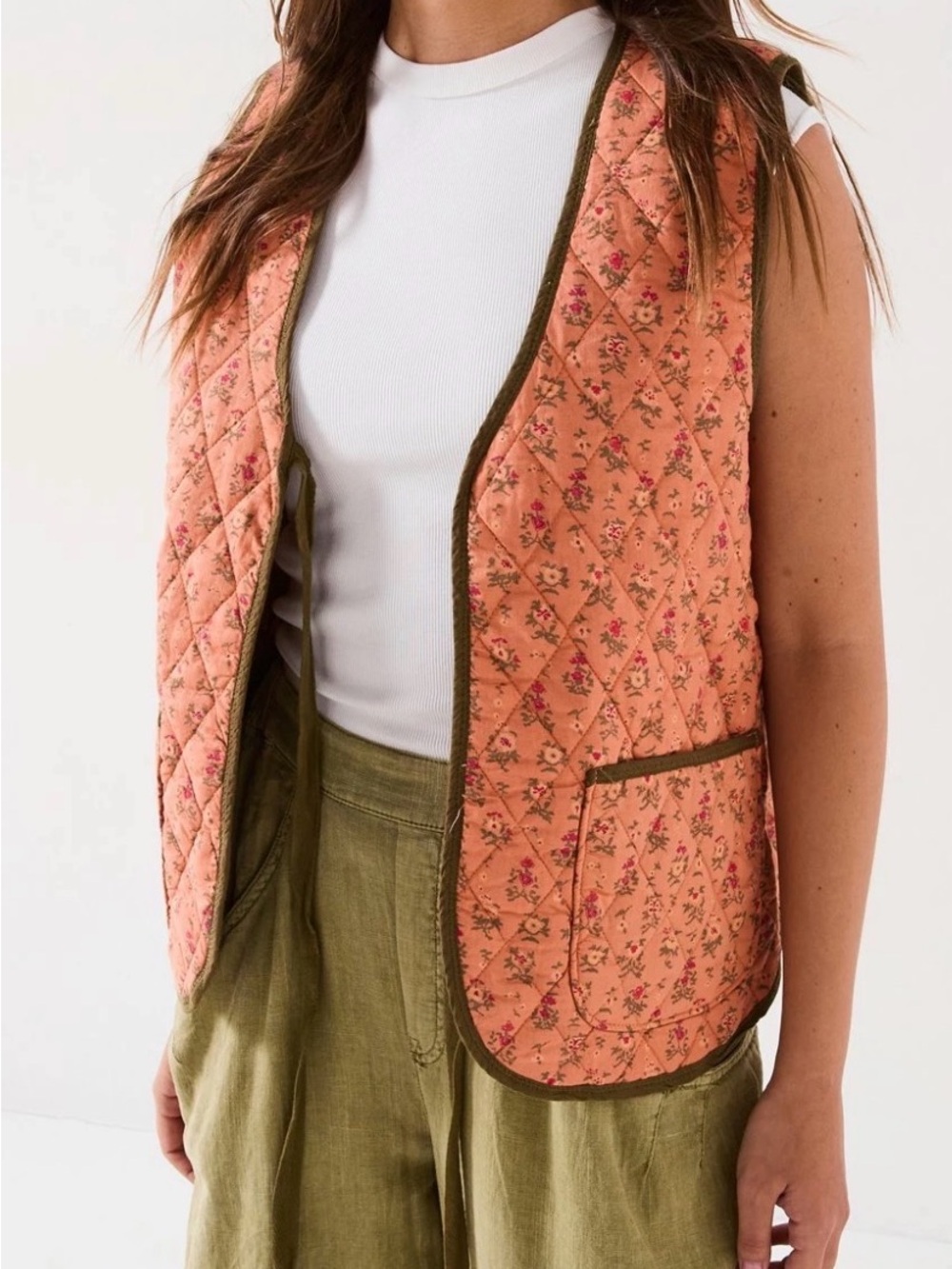 Free People vest Quilted Olive-Brown Vest with Peach Accent